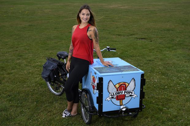 Susan Tung posing with her Glory Pop branded Icicle Tricycle Ice Cream Bike in Peterborough Ontario